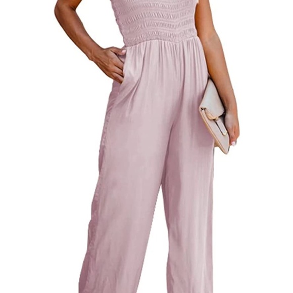 Women’s Pink Ruffle Sleeve/Spaghetti Strap High waist, wide leg jumpsuit - Picture 3 of 6